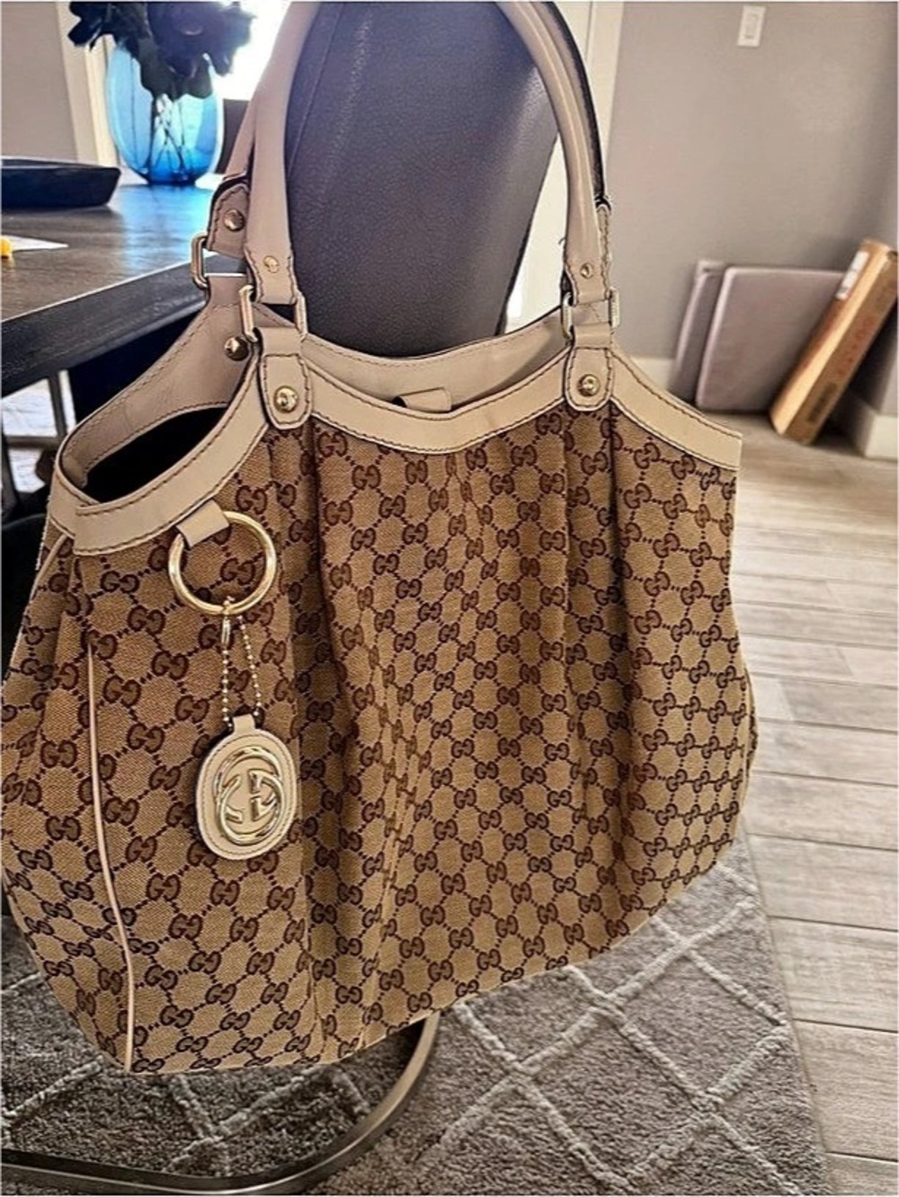 Gucci GG Canvas Sukey Medium Tote Shoulder Bag Brown & Beige